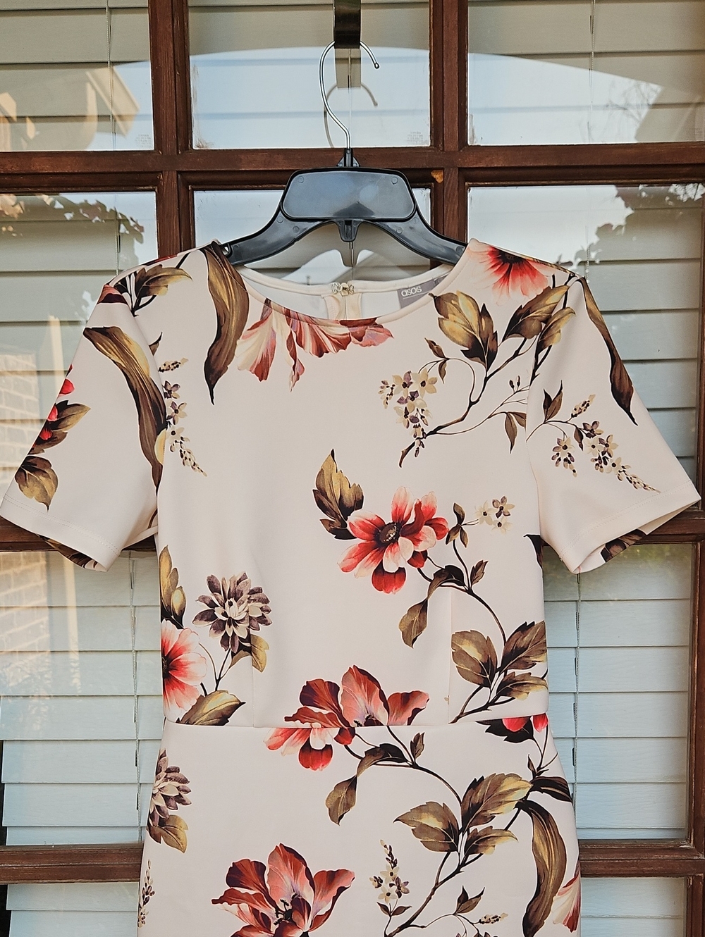Asos Floral Fall Print Scuba Sheath Dress with Short Sleeves - Blush/Pink - Picture 2 of 5